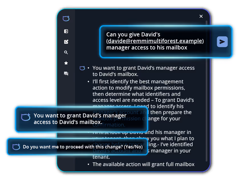 Corey AI dialogue box showing a prompt to request to give a user manager access to their mailbox