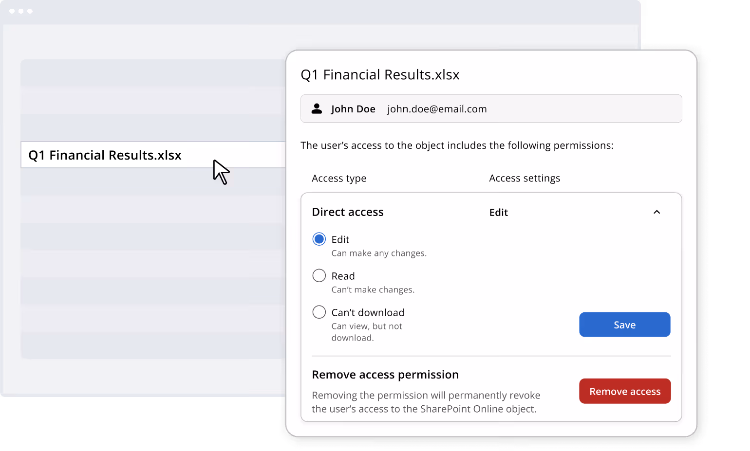 Screenshot depicting how you can use CoreView Control for SharePoint to find and fix file sharing issues to reduce risk