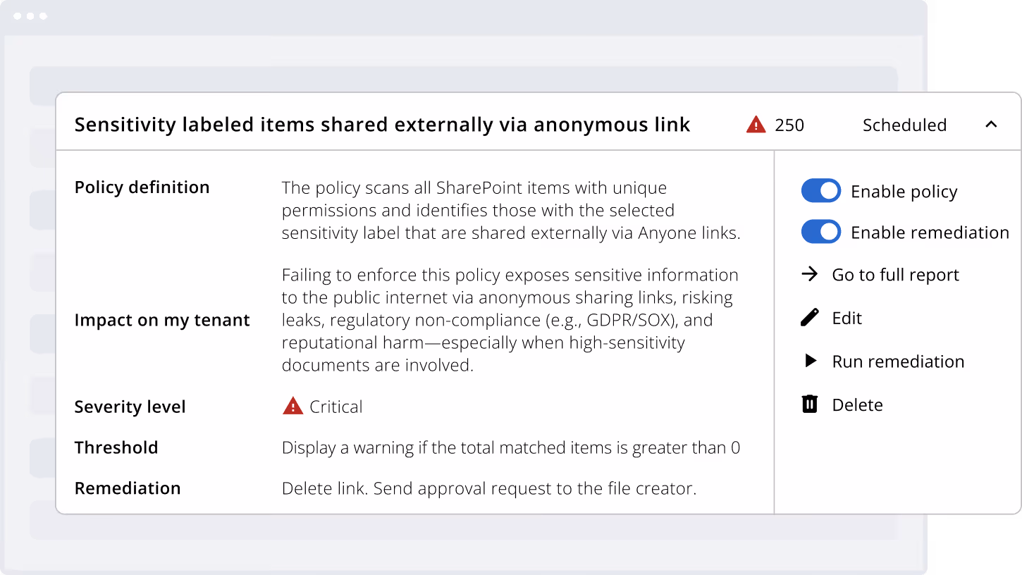Screenshot depicting how you can use CoreView Control for SharePoint to put site owners in control and manage their risk on a per site basis