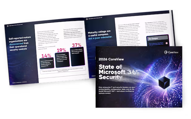 Preview of the front cover and inside of the CoreView 2026 State of Security in Microsoft 365 report