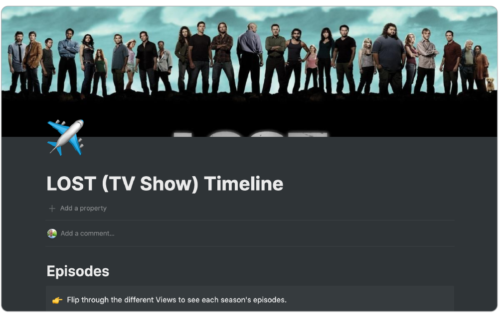 Lost TV Show Timeline dashboard using Notion work app