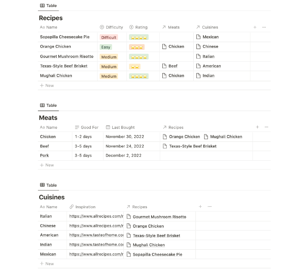 Notion databases with relations