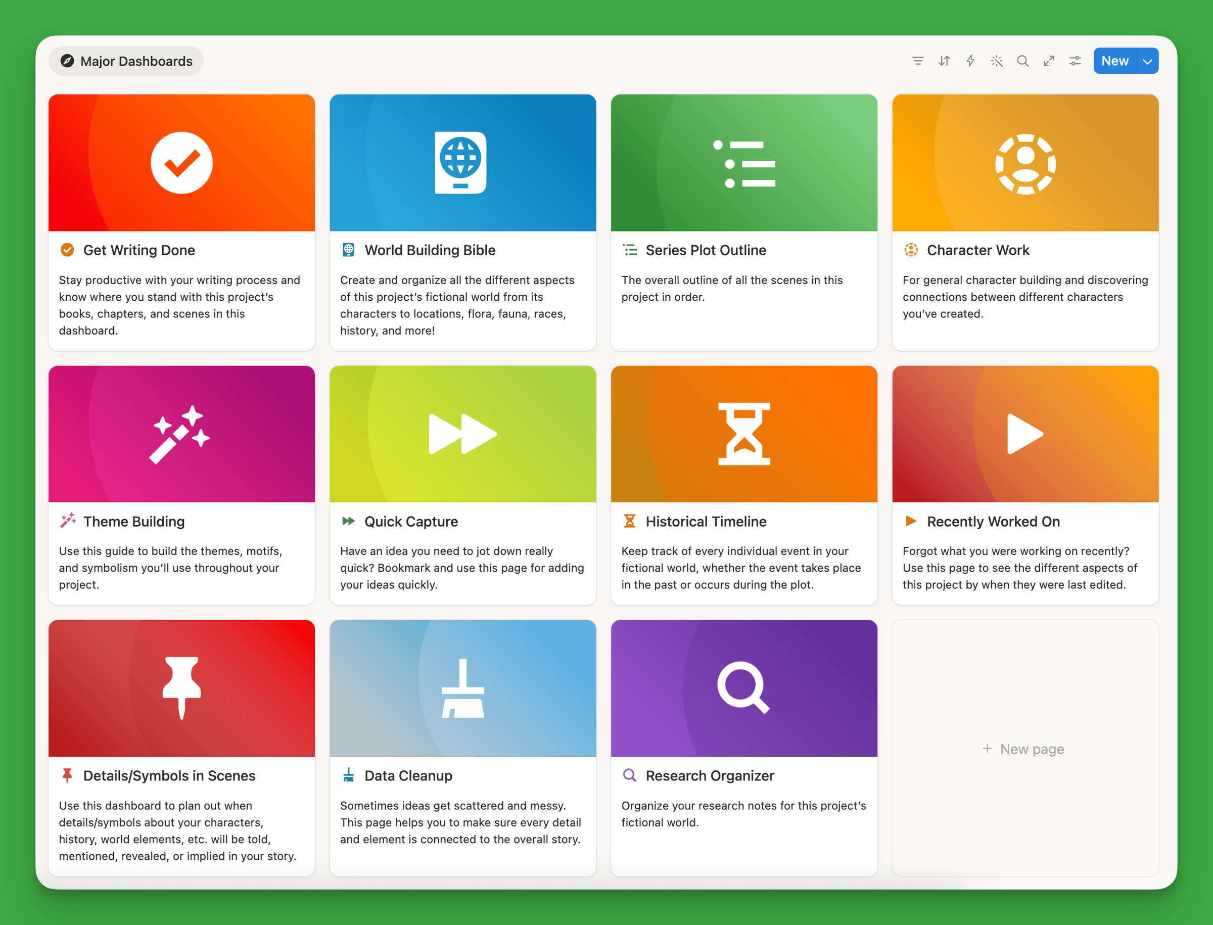 The 11 dashboards of every Storyteller OS project to help you tackle your story in different ways.