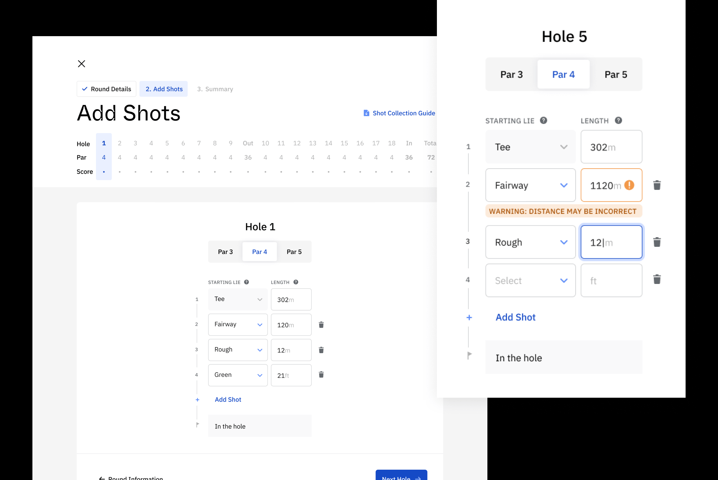 Screenshot showing how players input golf shot data