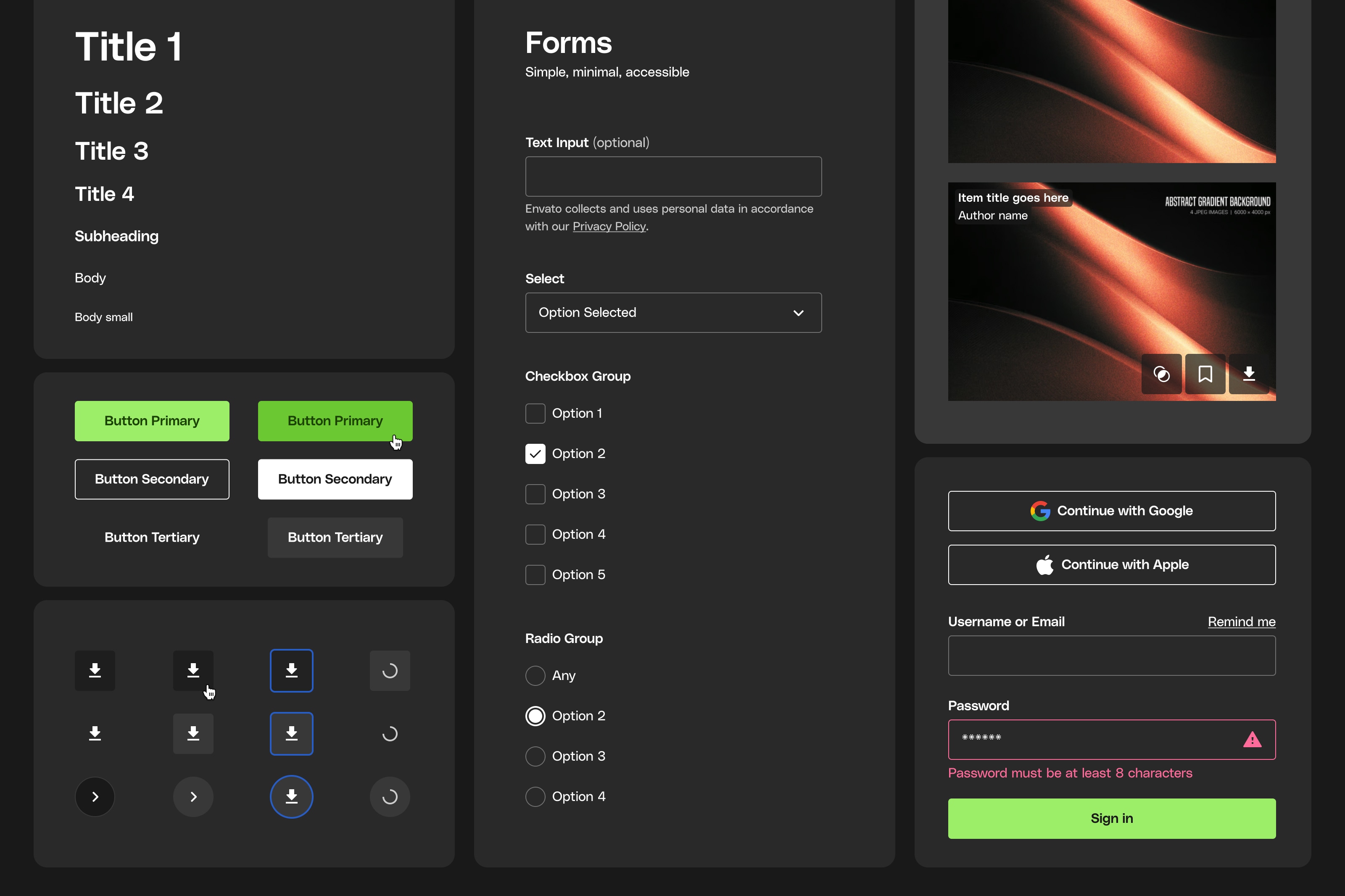 Design system dark mode variations.