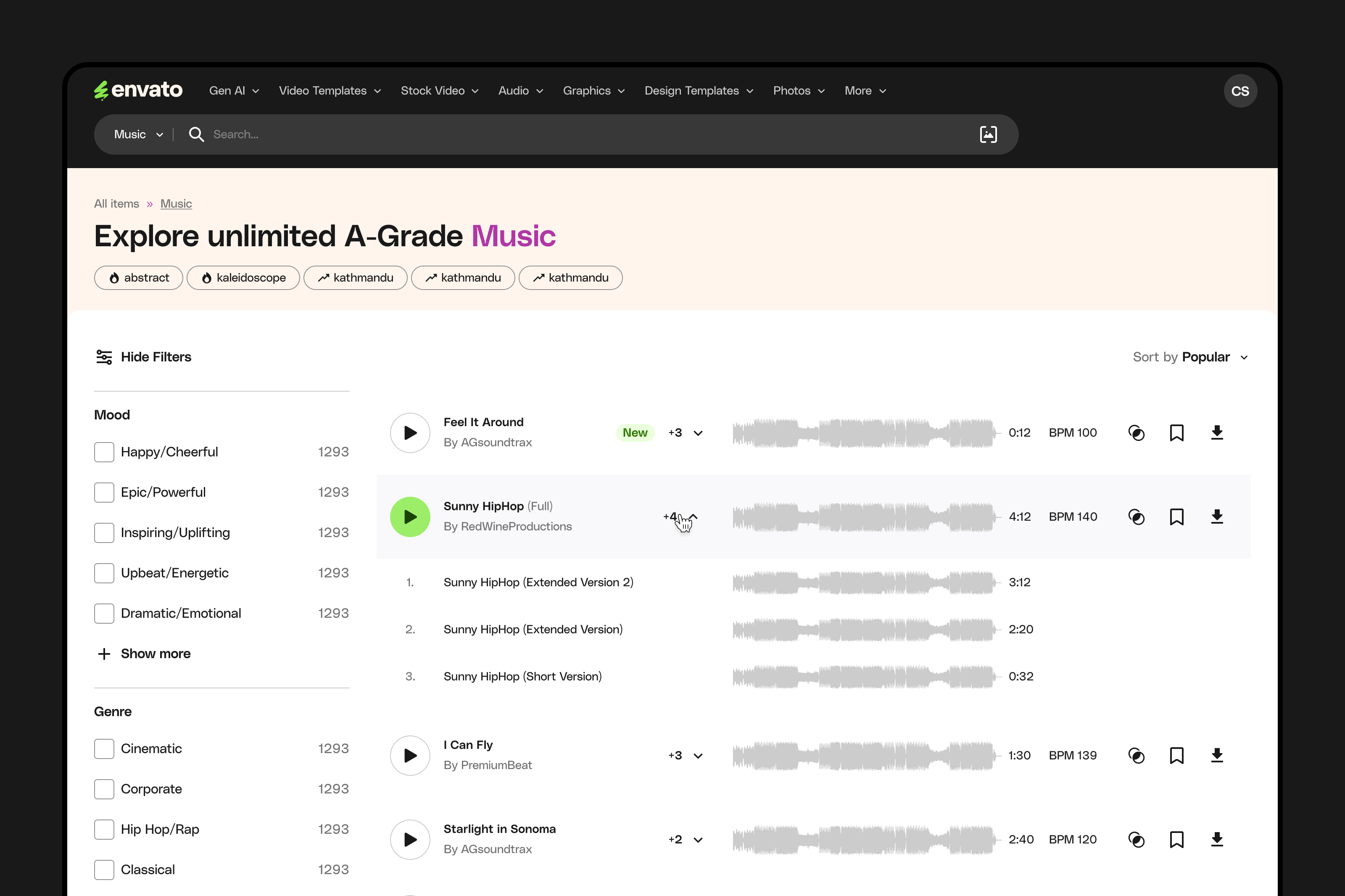 Music results page and filter