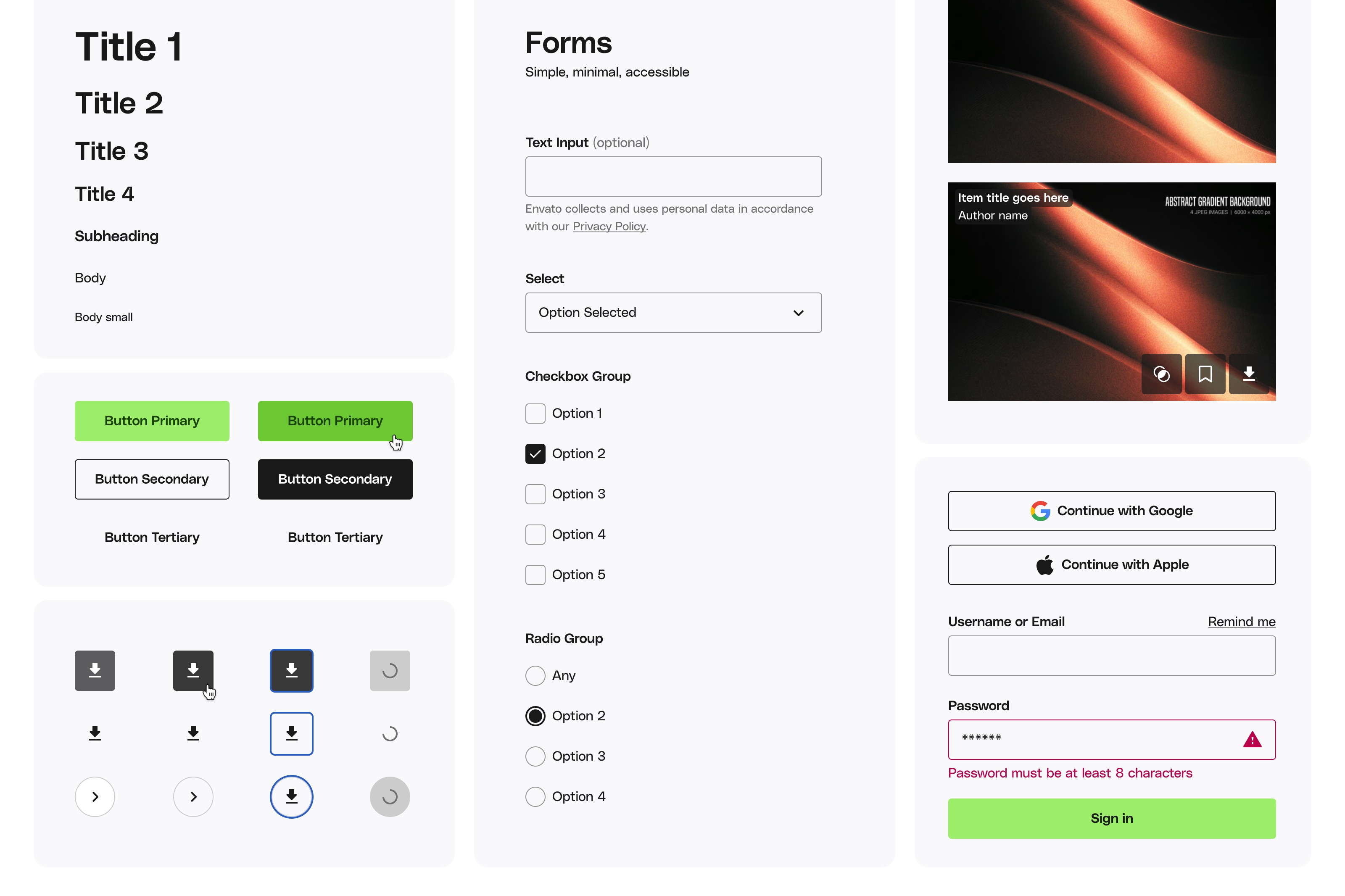 Selection of core design system styles and components.
