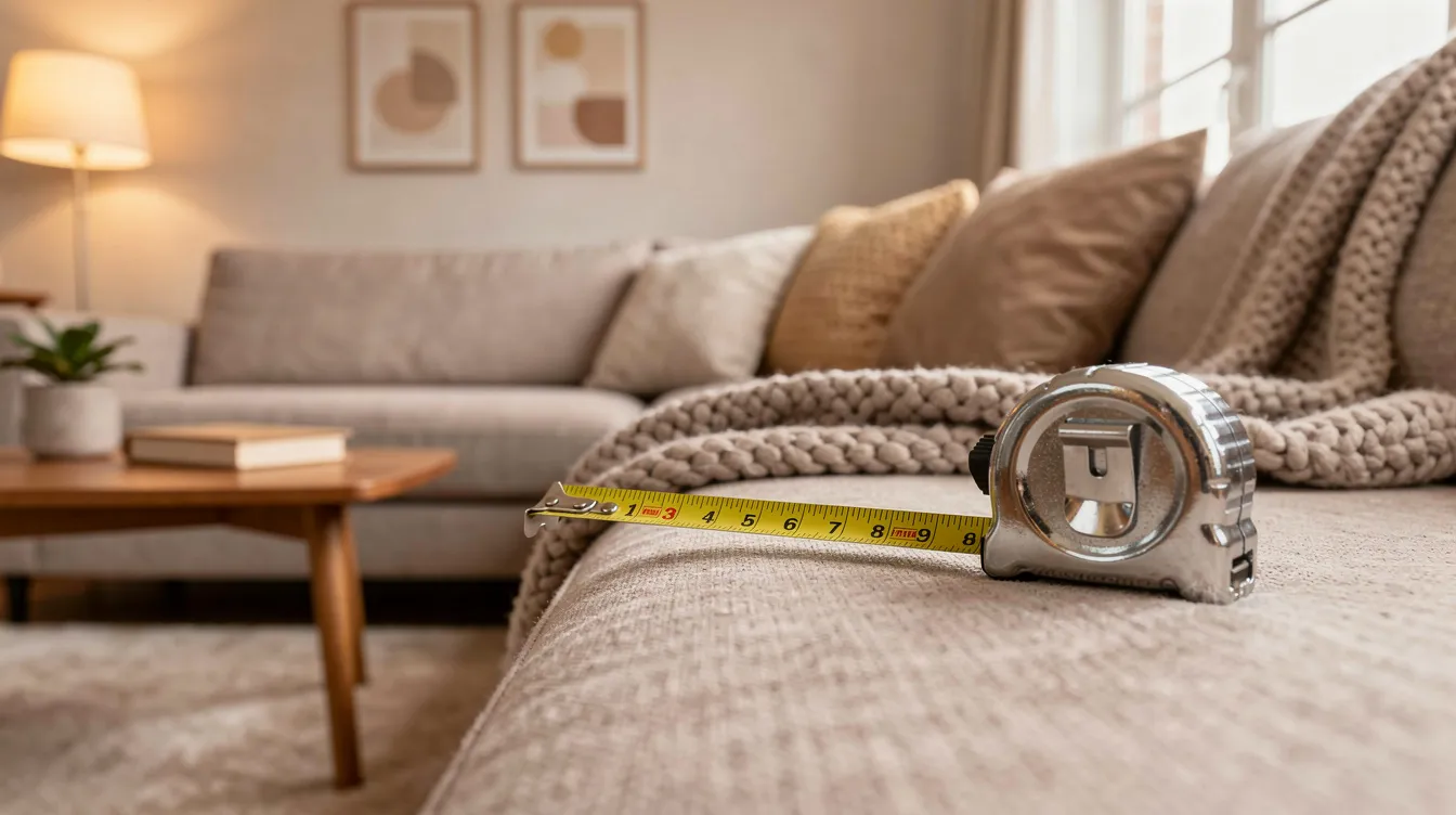 A cozy living room features a modern sofa adorned with a tape measure resting on the cushion, illustrating the sofa's scale. This inviting space highlights key components of comfort and style, making it an ideal setting for online shoppers to envision their own home decor.