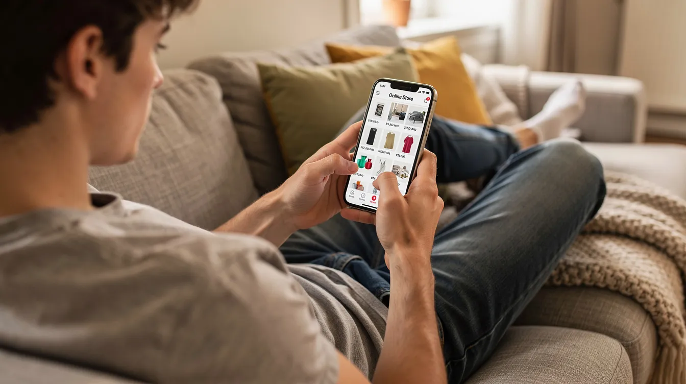The image shows a person comfortably seated on a couch, intently scrolling through an online store on their smartphone, exploring various products. This scene reflects the importance of mobile optimization for enhancing online visibility and improving user experience in search results.