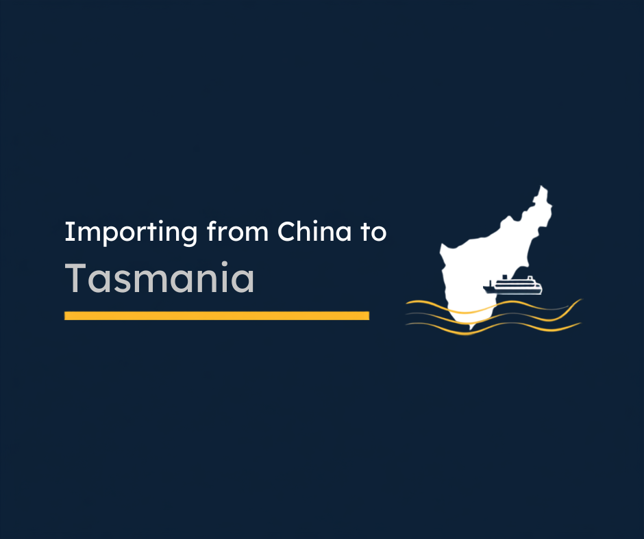 Shipping containers and Tasmanian coastline representing importing products from China to Hobart