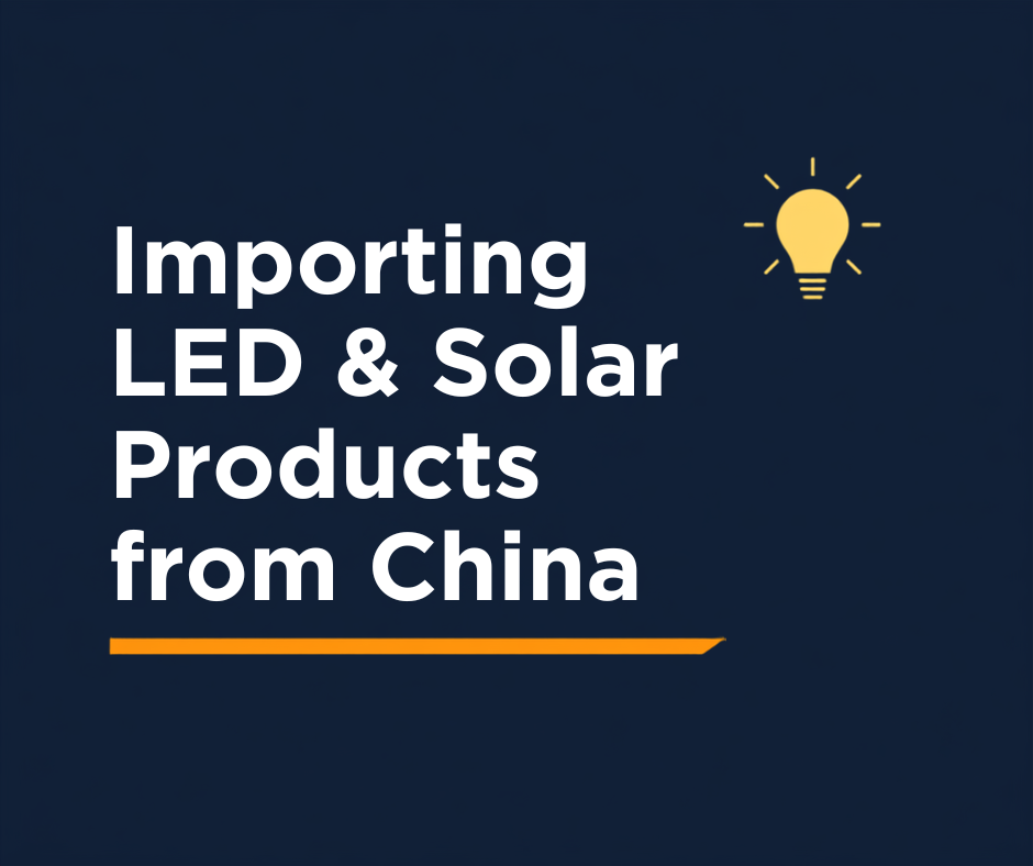 Warehouse shelf of LED light fittings and solar panel components ready for export from a Chinese factory to Australia