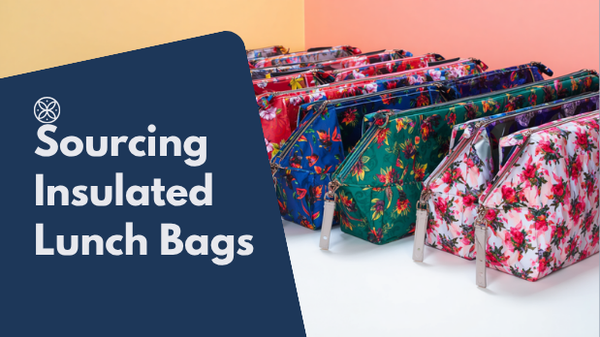 Rows of insulated lunch bags with foil thermal lining on a factory production line, illustrating insulated lunch bag sourcing from China and Vietnam for Australian retailers and corporate gifting