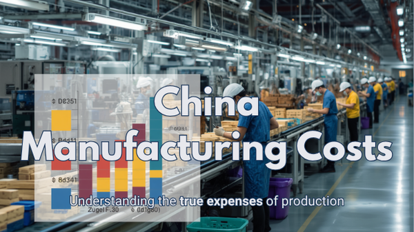 Cost breakdown of manufacturing a product in China for Australian businesses, showing shipping containers and a calculator