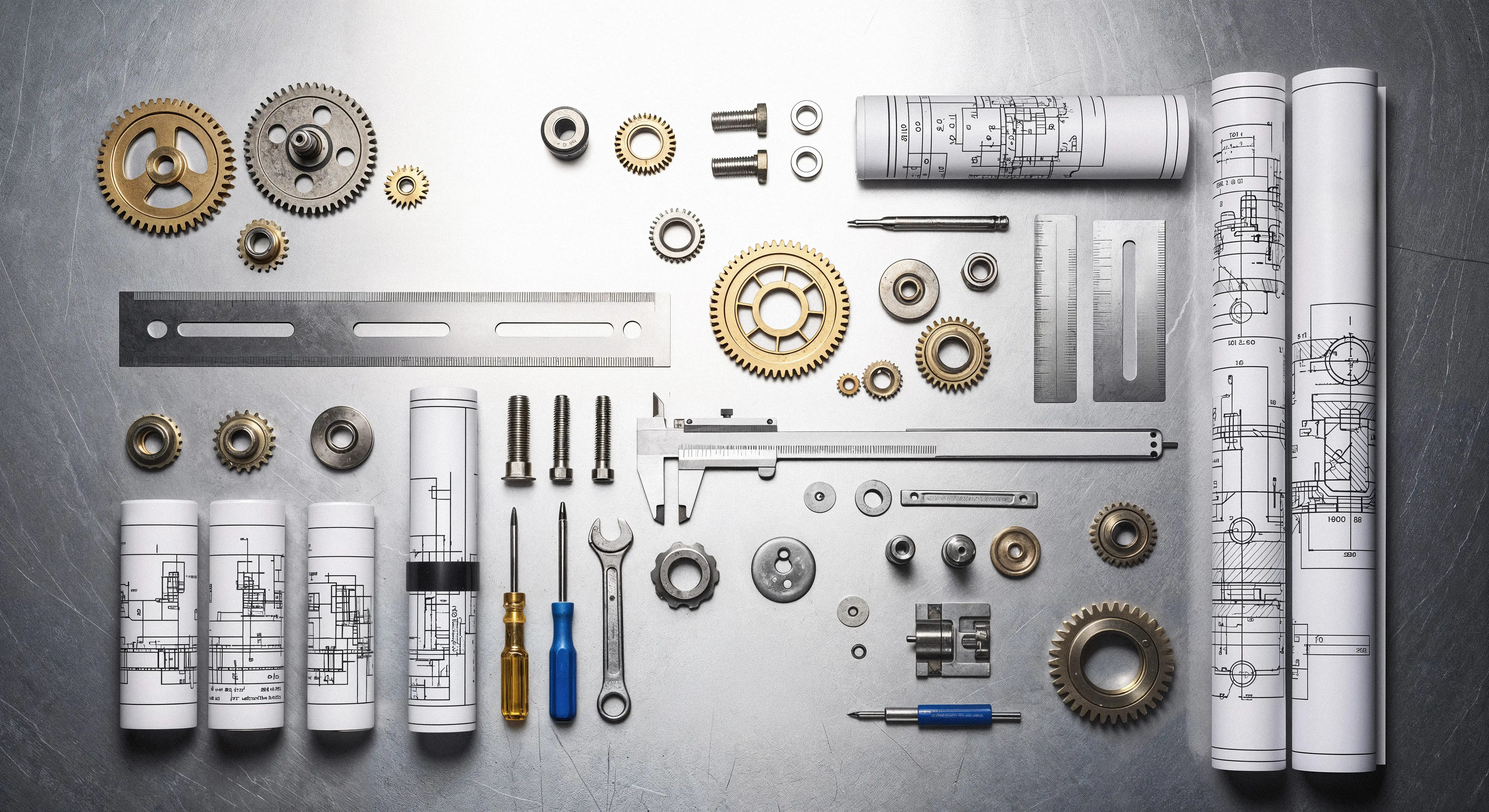 Flat lay of engineering tools, parts, and rolled blueprints