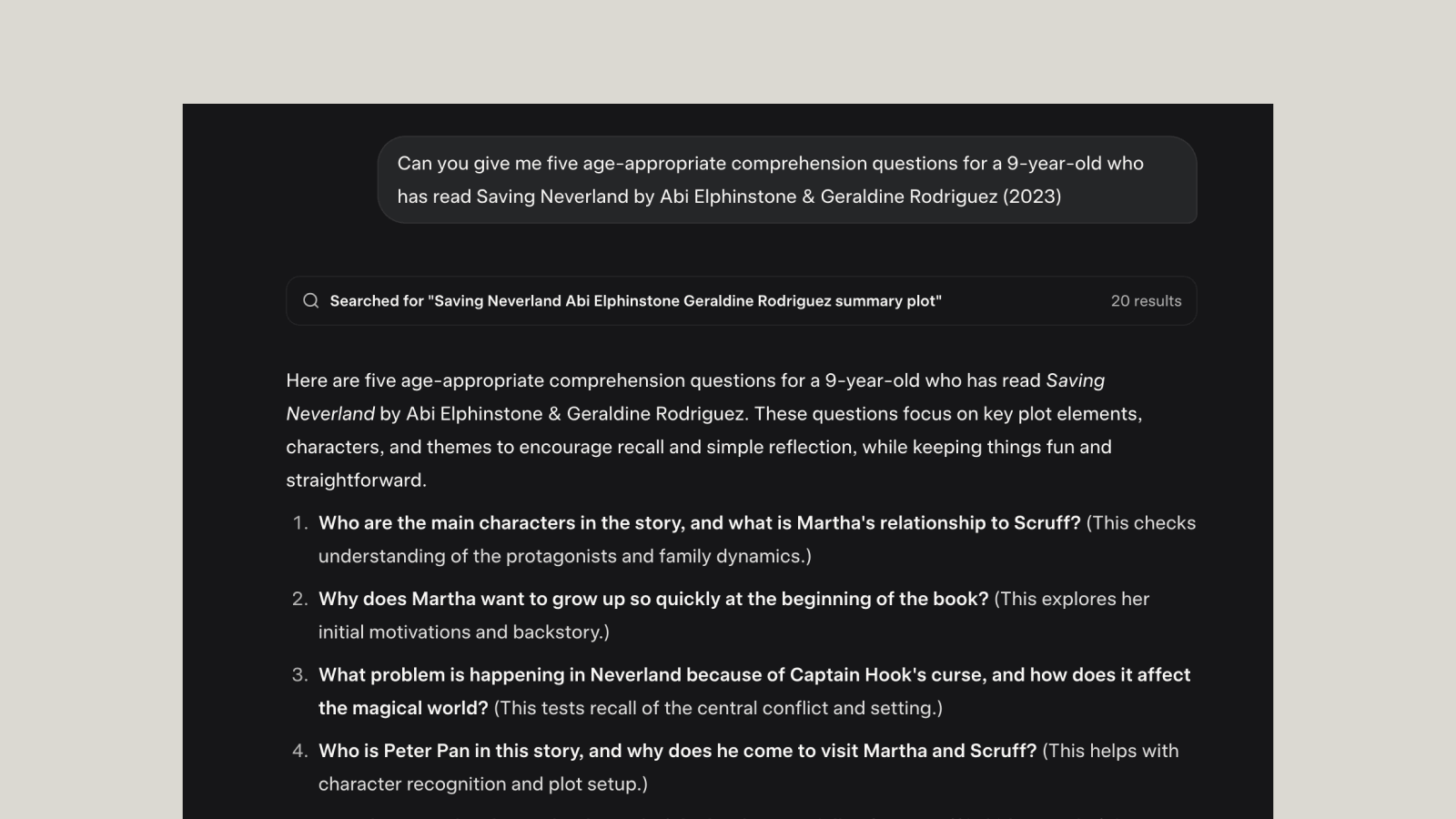 screenshot of the aforementioned prompt and the 5 questions provided by Grok
