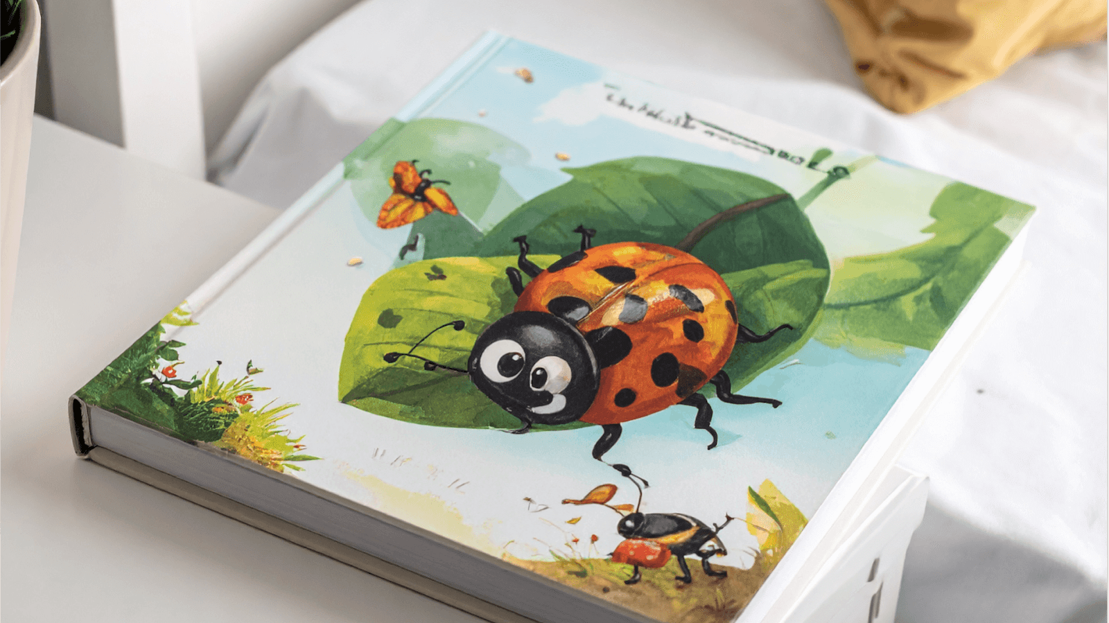 custom children's storybook cover created with AI showing a ladybug on a leaf