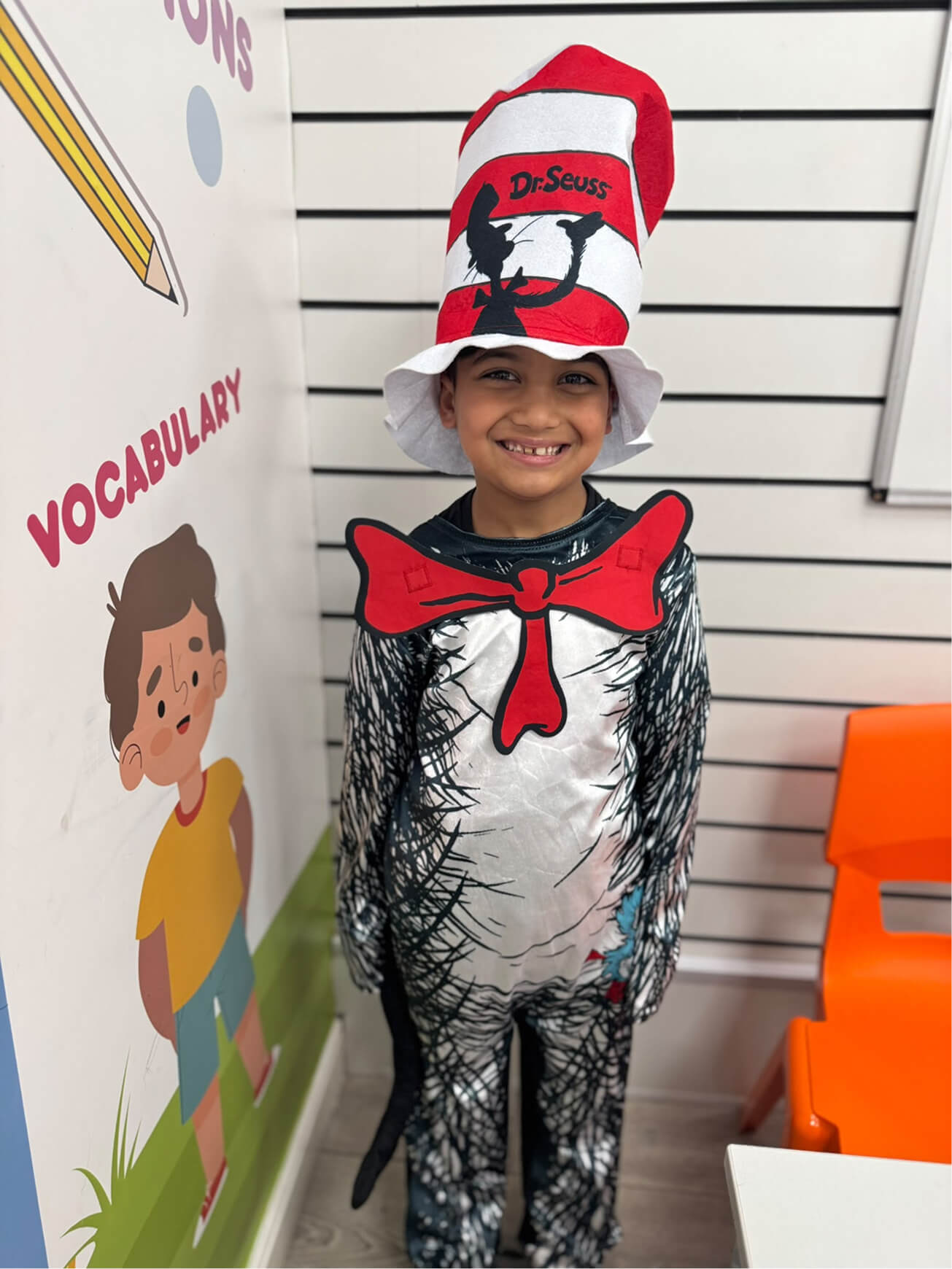 Hasan in his Dr Seuss Cat in the Hat costume, celebrating all things reading for Roald Dahl Day