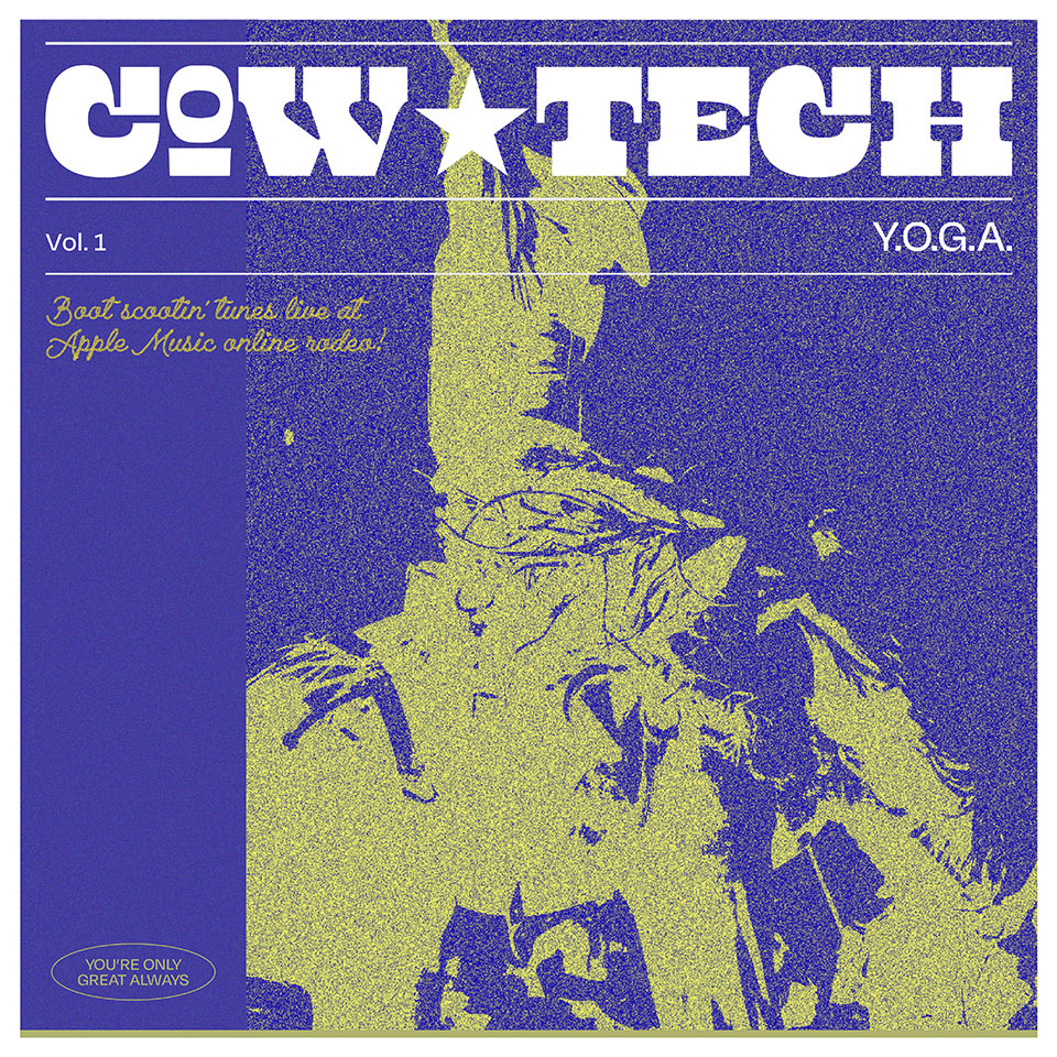 Blue and yellow grainy image of a cowboy on horseback with text 'COW*TECH Vol. 1 Y.O.G.A.' and a note about Apple Music online radios.