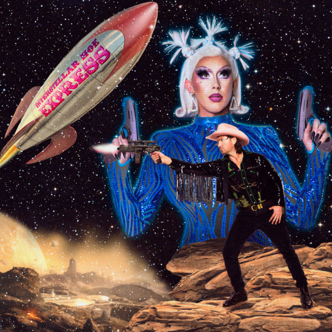 A man in a cowboy hat aiming a gun on rocky terrain in front of a giant drag queen with white hair styled in pigtails and holding futuristic guns, with a rocket labeled 'Interstellar Joe Express' flying in a starry space background.