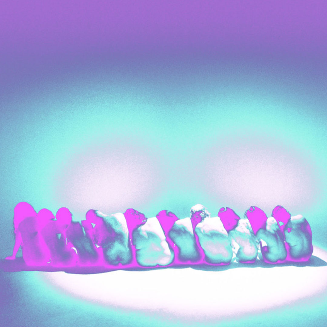 Row of ten nude figures sitting cross-legged with their backs facing the viewer, illuminated with pink and teal lighting against a gradient purple background.
