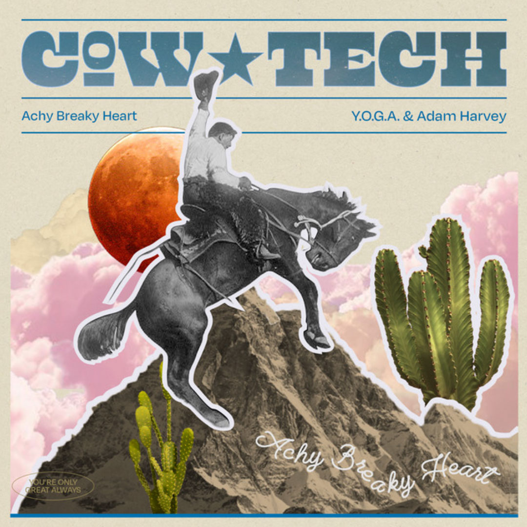 Album cover for COW TECH with a black and white image of a cowboy riding a bucking horse, set against a mountain, cacti, pink clouds, and an orange moon.