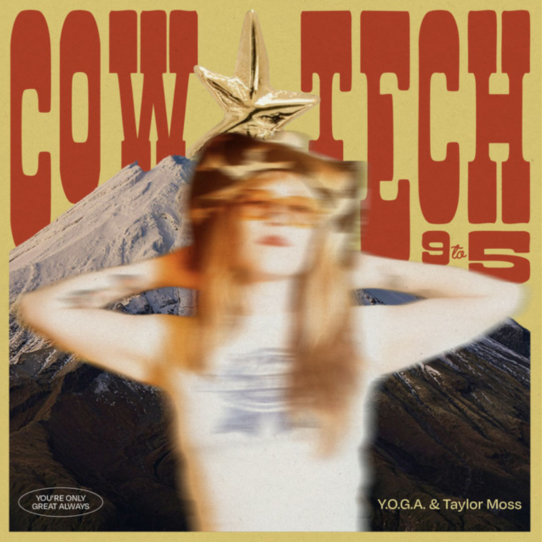 Blurred person with hands behind head in front of a mountain and large stylized red text reading 'COW TECH 9 to 5'.