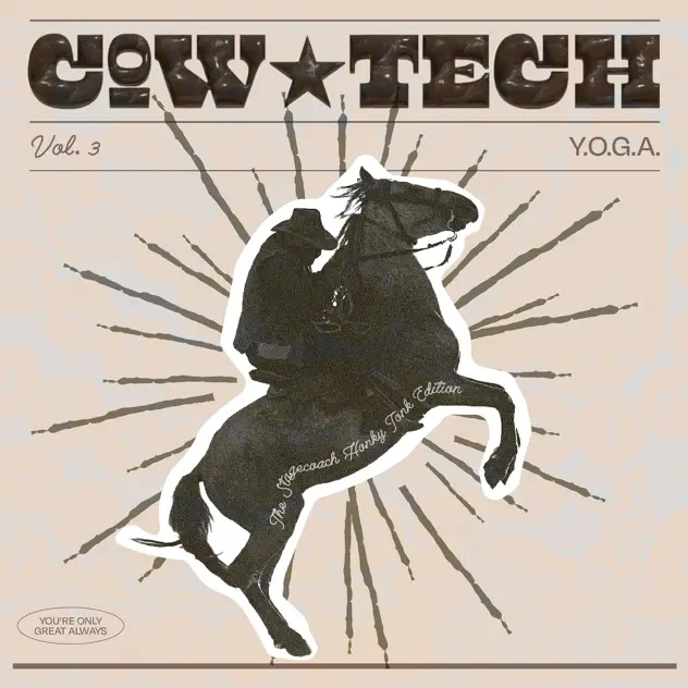 Silhouette of a cowboy riding a rearing horse with radiating lines behind and stylized text reading 'COWTECH Vol. 3 Y.O.G.A.'