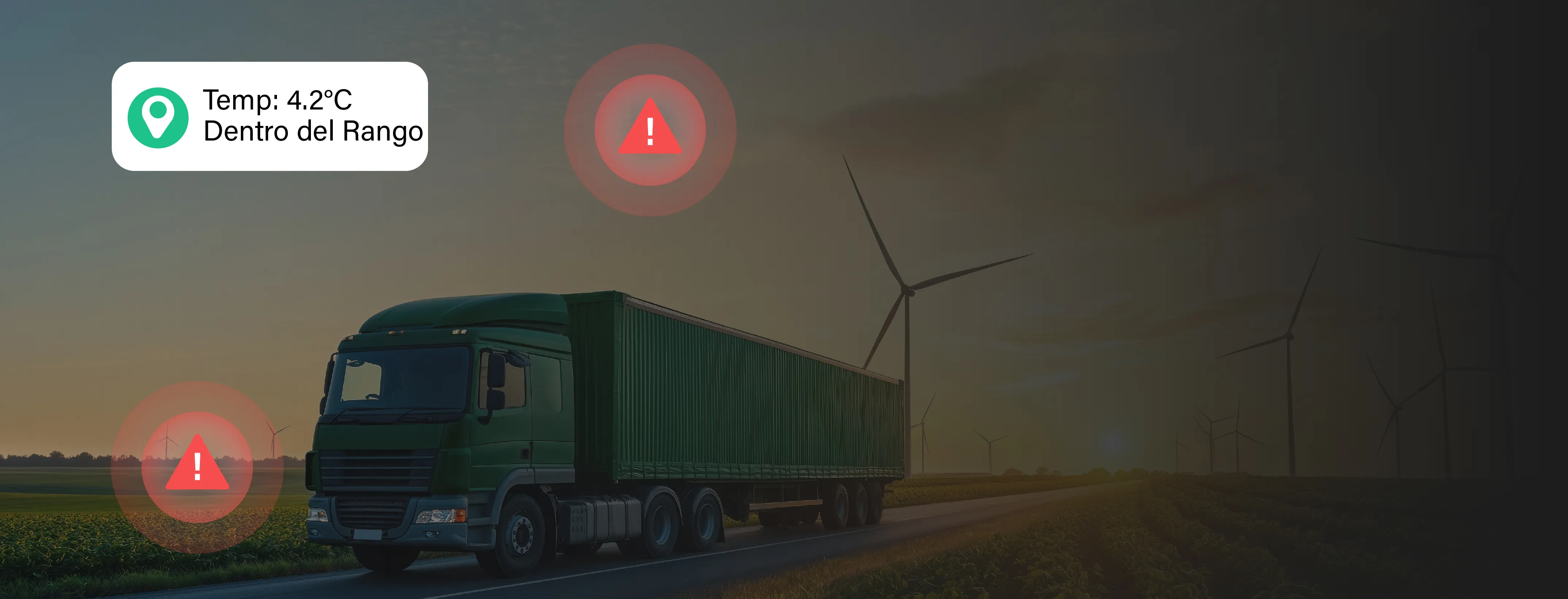 Green cargo truck driving on a road through farmland with wind turbines at sunset and temperature notification showing 4.2°C within range.