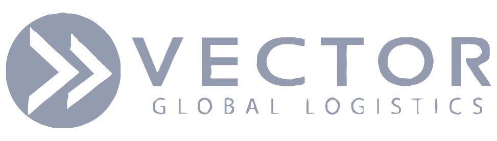 Vector Global Logistics-Logo mit zwei weißen Vorwärtspfeilen in einem blauen Kreis links neben dem Firmennamen in blauem Text.