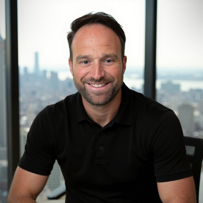 Smiling man wearing a blue button-up shirt standing in front of a light brick wall.