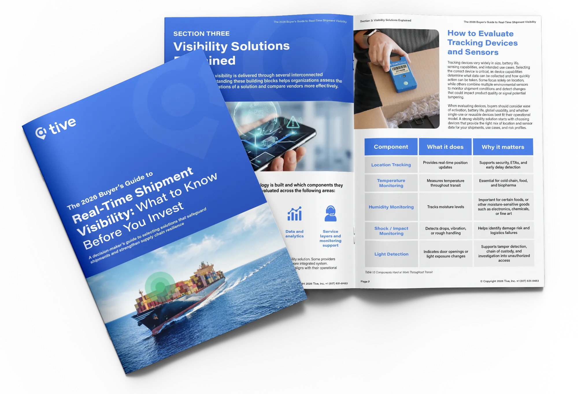 Open booklet titled 'The 2026 Buyer's Guide to Real-Time Shipment Visibility: What to Know Before You Invest' showing a cargo ship on the cover and an open spread explaining tracking device evaluation with a photo of a hand holding a blue tracking device and a comparison table.