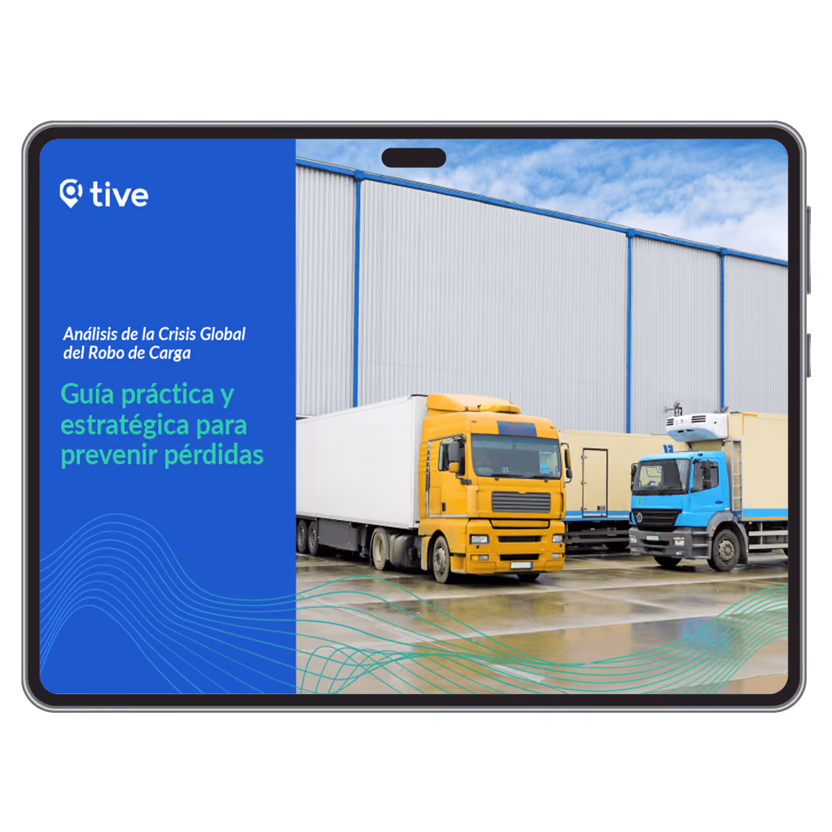 Tablet screen displaying a logistics report cover with two trucks parked in front of a large warehouse and Spanish text about cargo theft loss prevention.