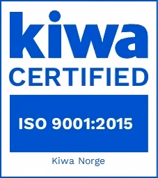 Kiwa Certified ISO 9001:2015 quality standard logo with Kiwa Norge text.