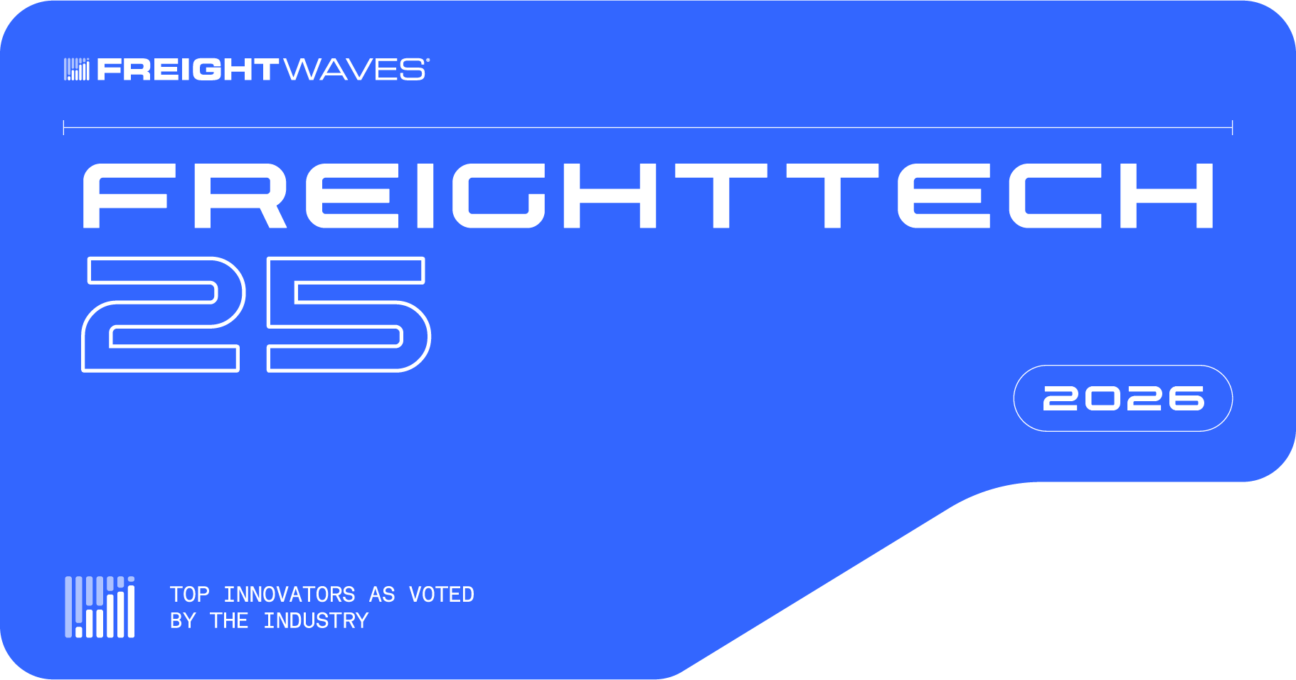 FreightWaves FreightTech 100 logo with text 'Top Innovators as Voted by the Industry, 2025' on a blue background.