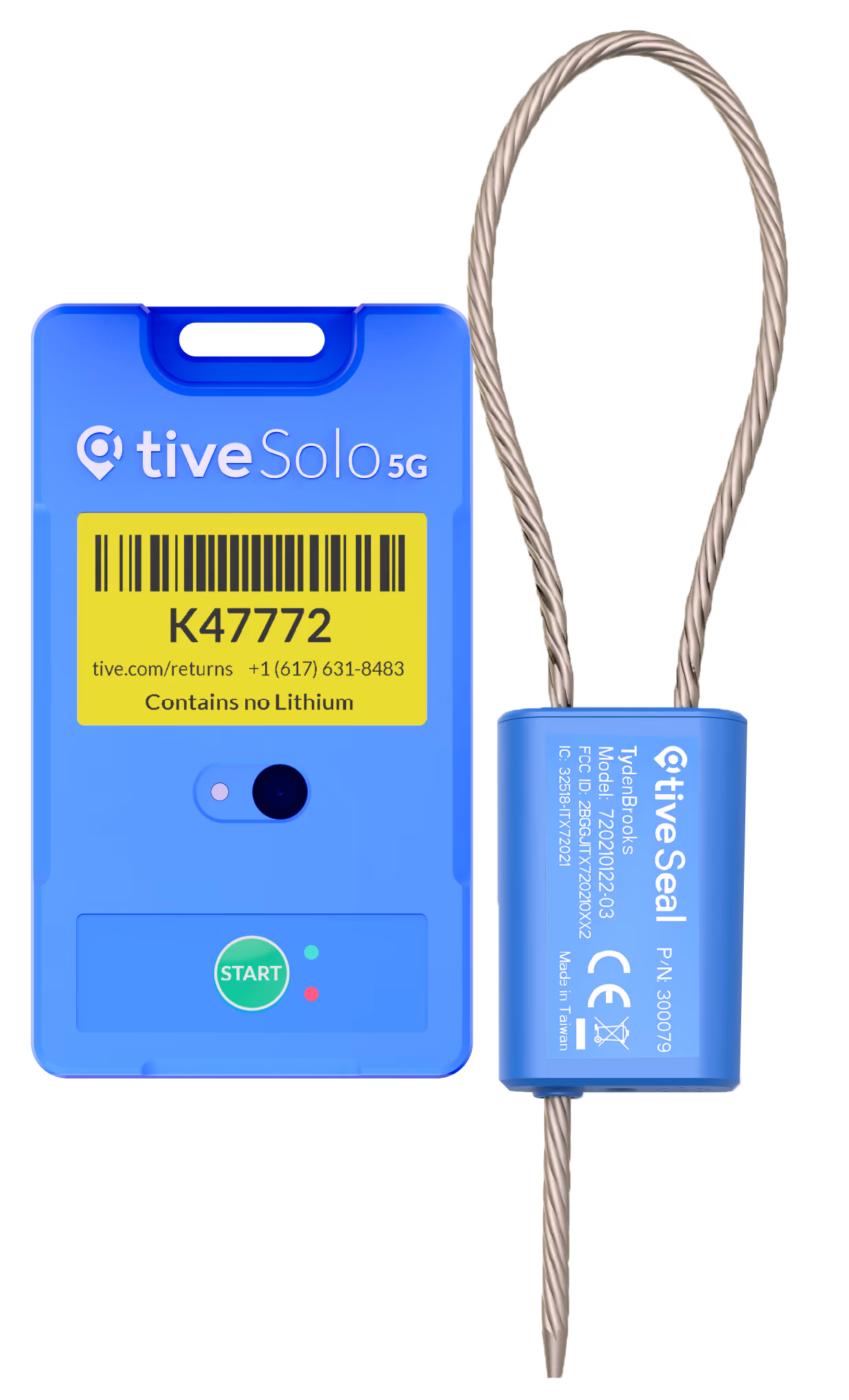 Blaues Tive Solo 5G Tracking-Gerät und TiveSeal Sicherheitssiegel mit Stahlkabelschlaufe.