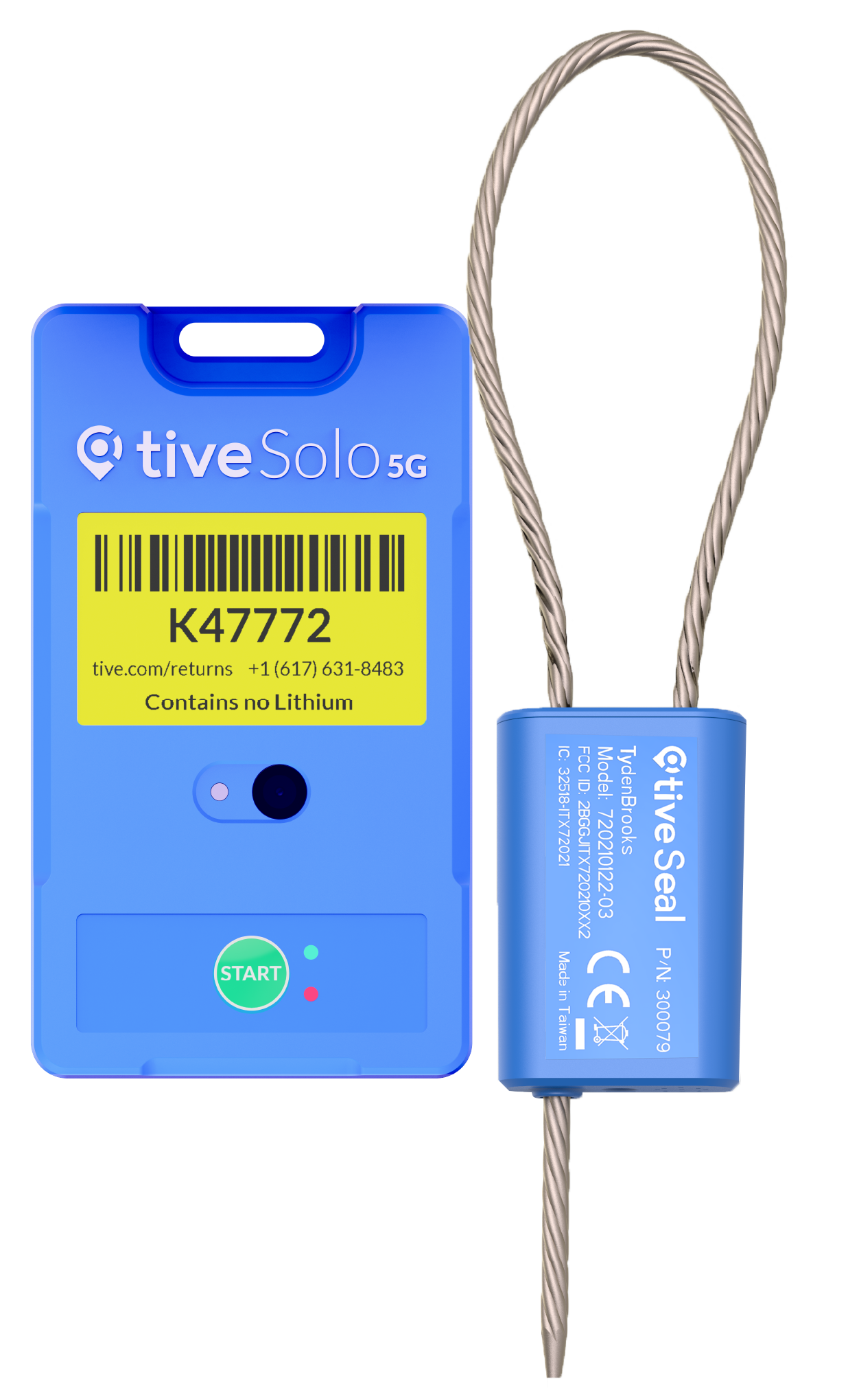 Blue Tive Solo 5G tracking device and TiveSeal security seal with steel cable loop.