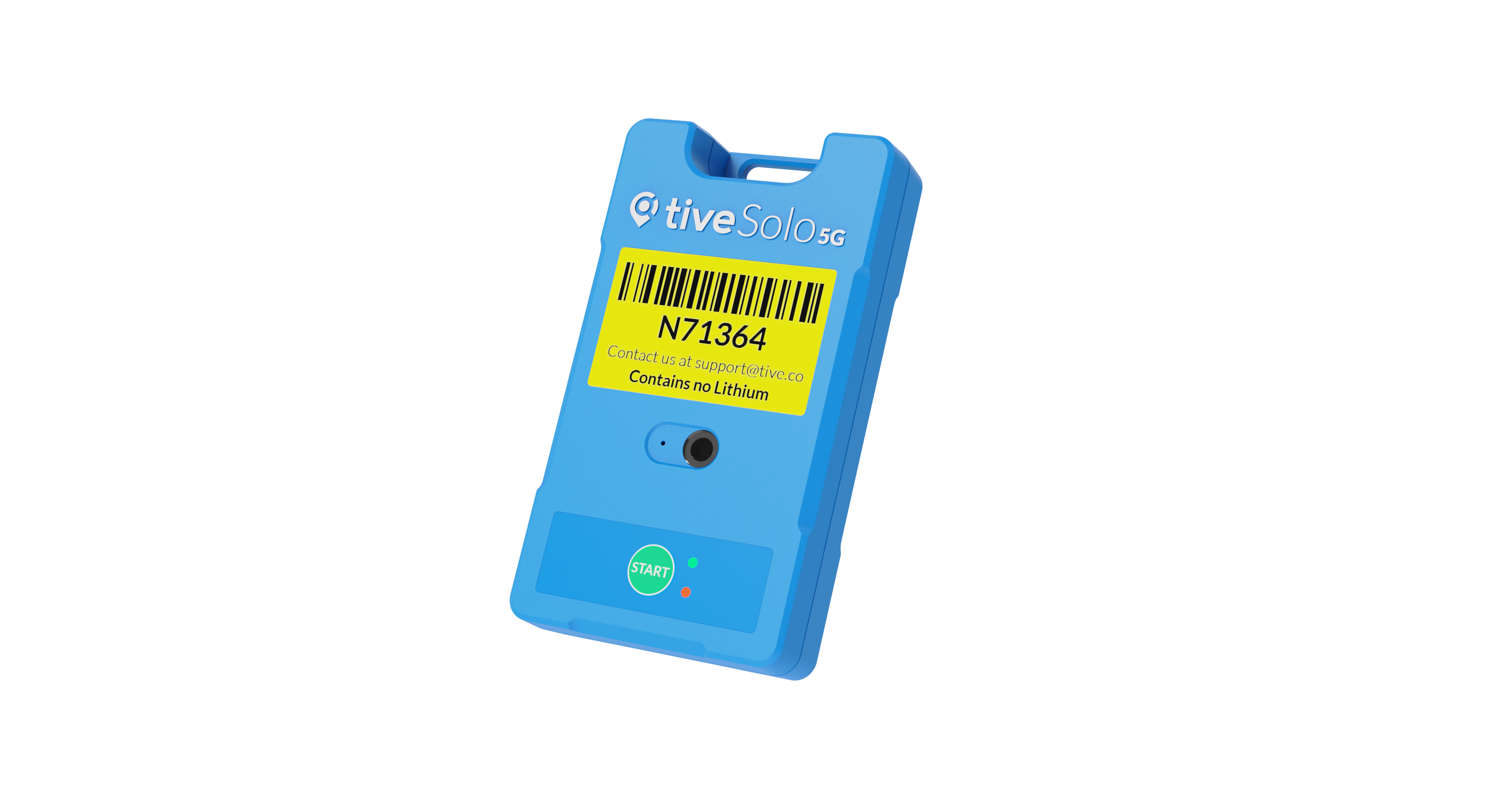 Blaues Tive Solo 5G-Tracking-Gerät mit Barcode, gelbem Etikett und Starttaste mit Kontrollleuchten.