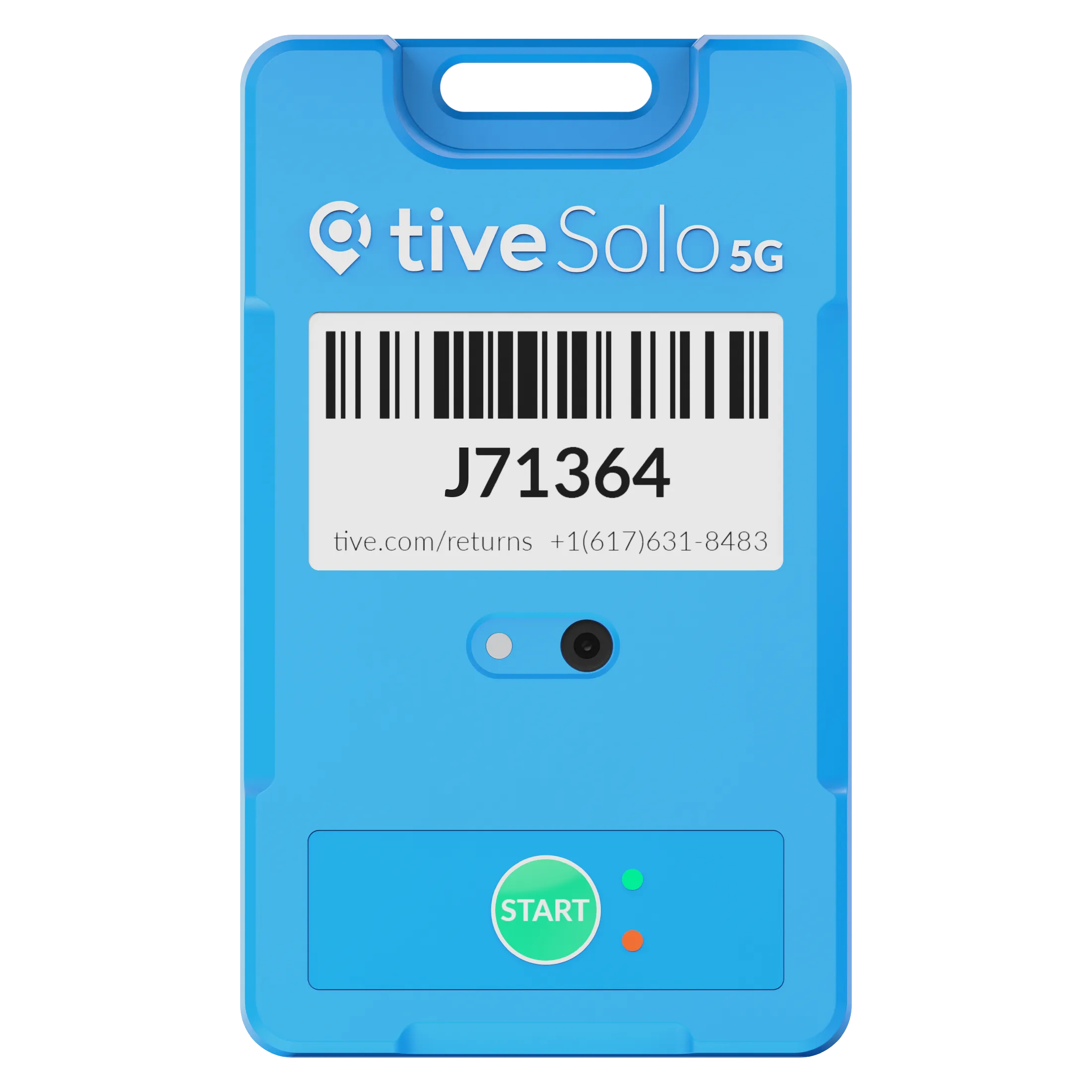 Blue Tive Solo 5G tracker device with barcode and 'Contains no Lithium' yellow label.