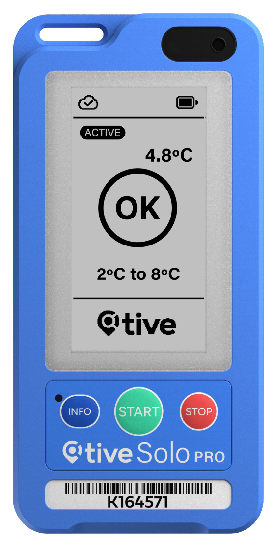 Dispositivo Tive Solo Pro azul que muestra una temperatura de 4.8°C y un estado OK dentro del rango de 2°C a 8°C.