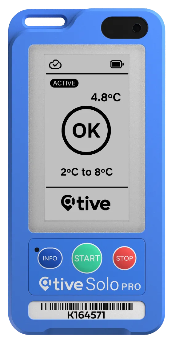 Blue Tive Solo Pro device showing temperature 4.8°C and status OK within 2°C to 8°C range.