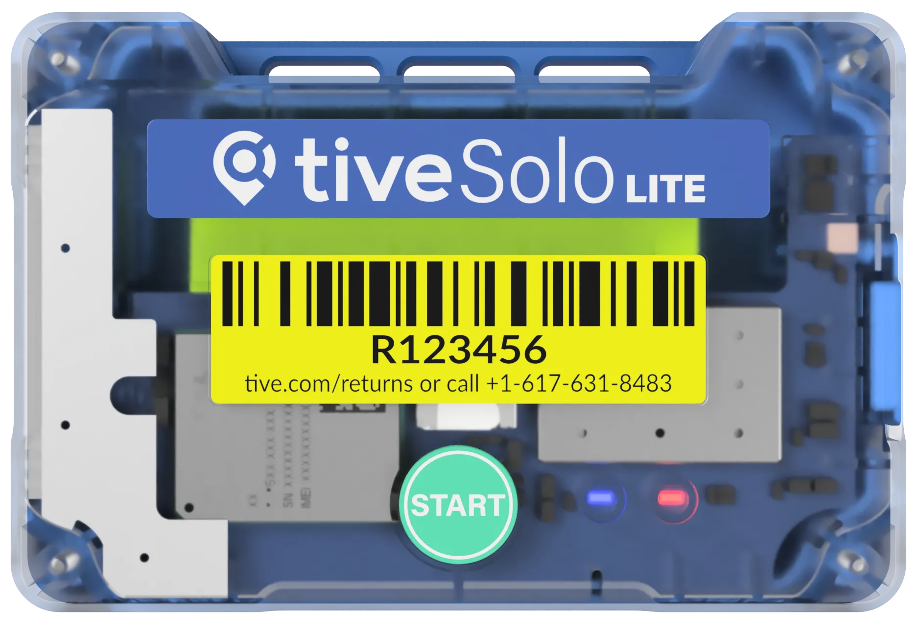 Blue Tive Solo Lite device with a barcode label, a green start button, and internal electronic components.