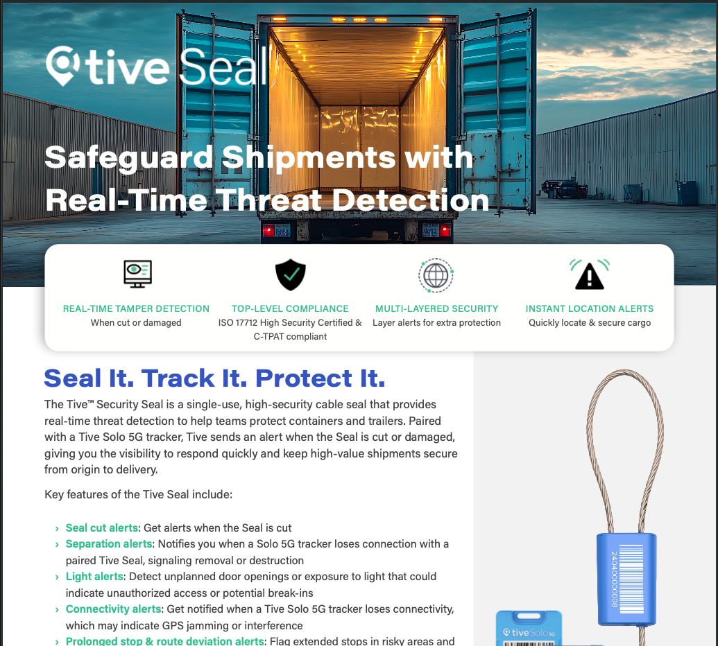 Open container with glowing interior and text about Tive Seal's real-time shipment threat detection.