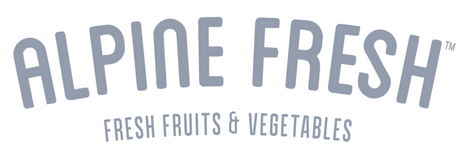 Texto del logotipo que dice ALPINE FRESH con el eslogan Fresh Fruits & Vegetables dentro de una forma de escudo.