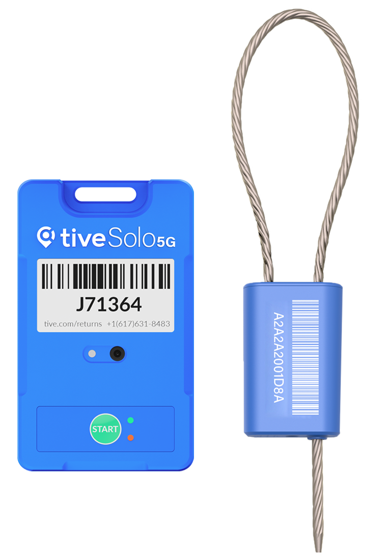 Blue Tive Solo 5G tracking device and TiveSeal security seal with steel cable loop.
