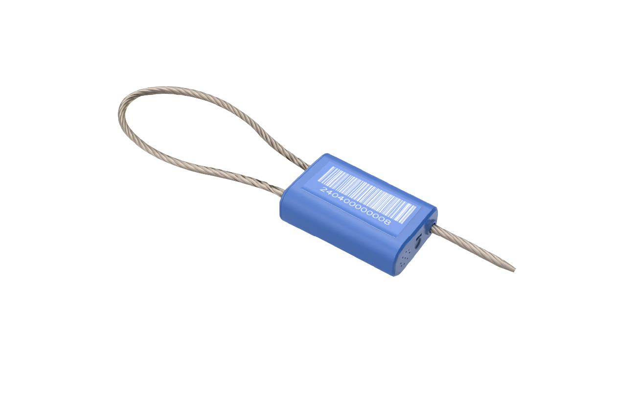 Blaues TiveSeal-Gerät mit einer Metallkabelschlaufe vor weißem Hintergrund.