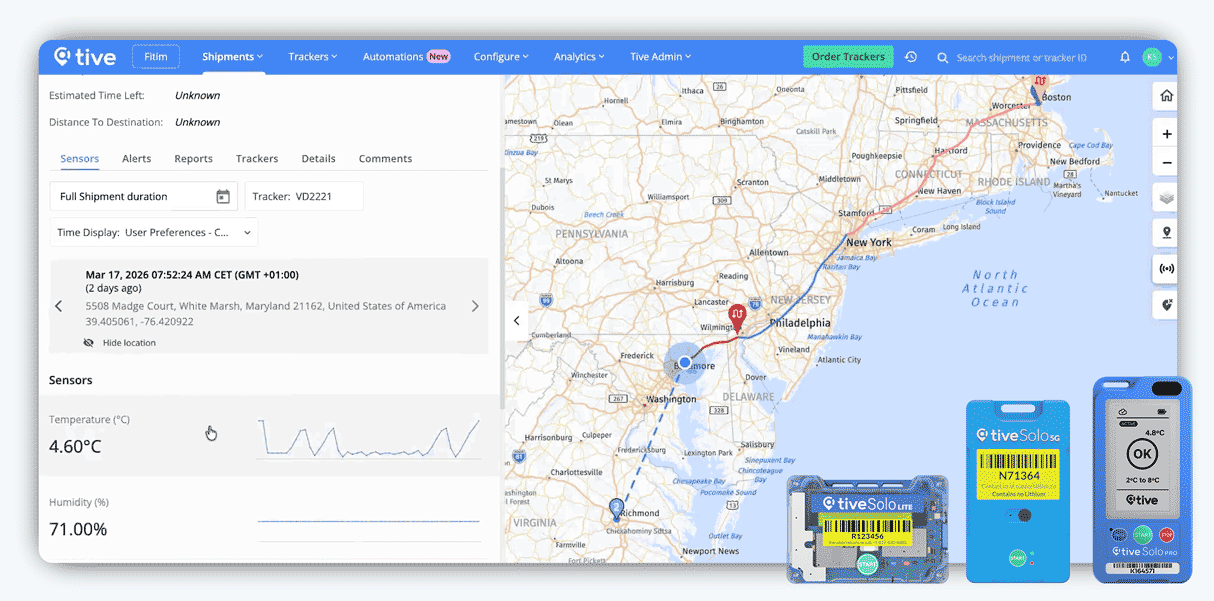Shipment creation screen with a US map showing a shipment route and a blue Tive Solo 5G tracking device.