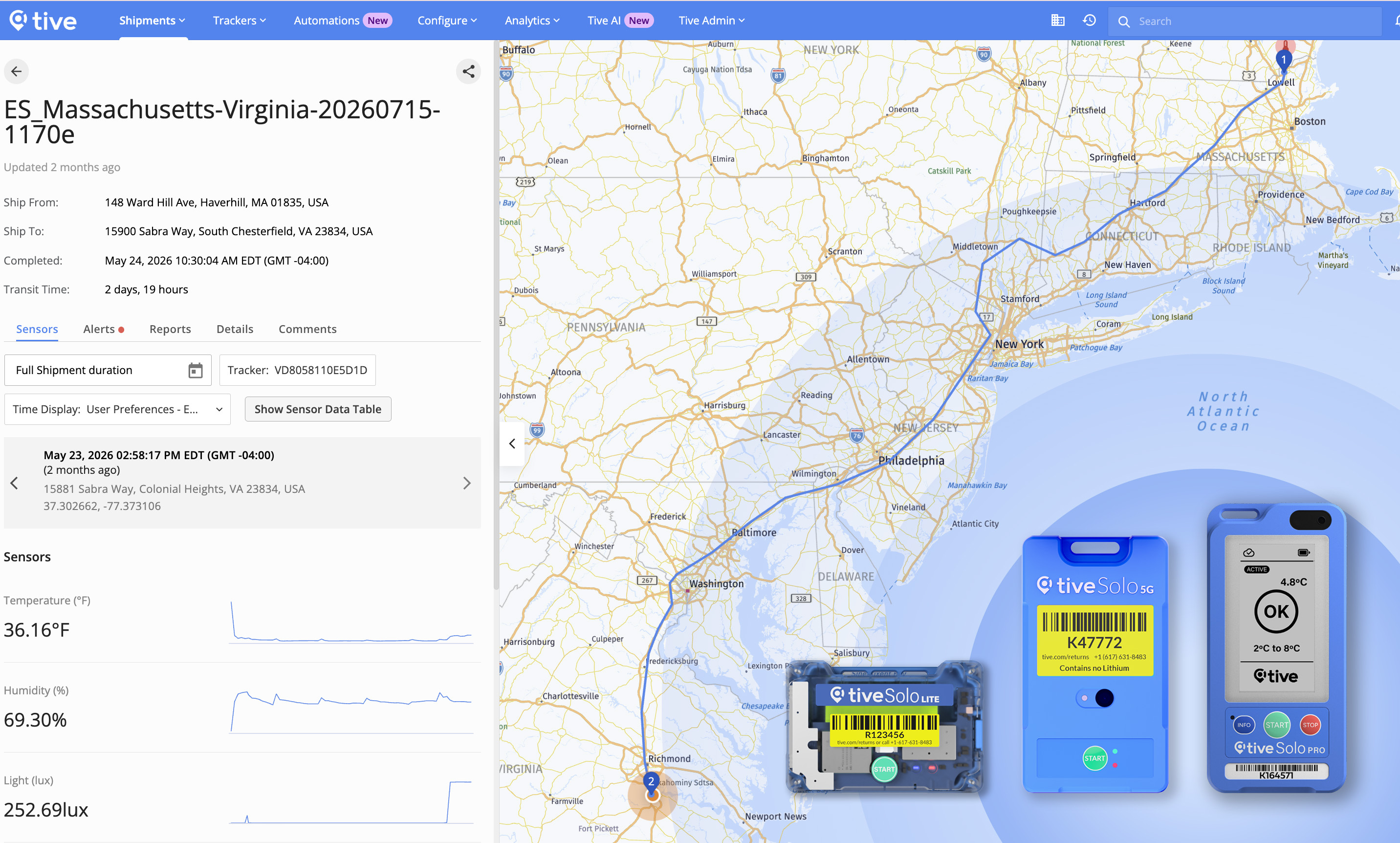 Shipment tracking dashboard showing route map, temperature alert, comments, and three Tive Solo temperature sensors.
