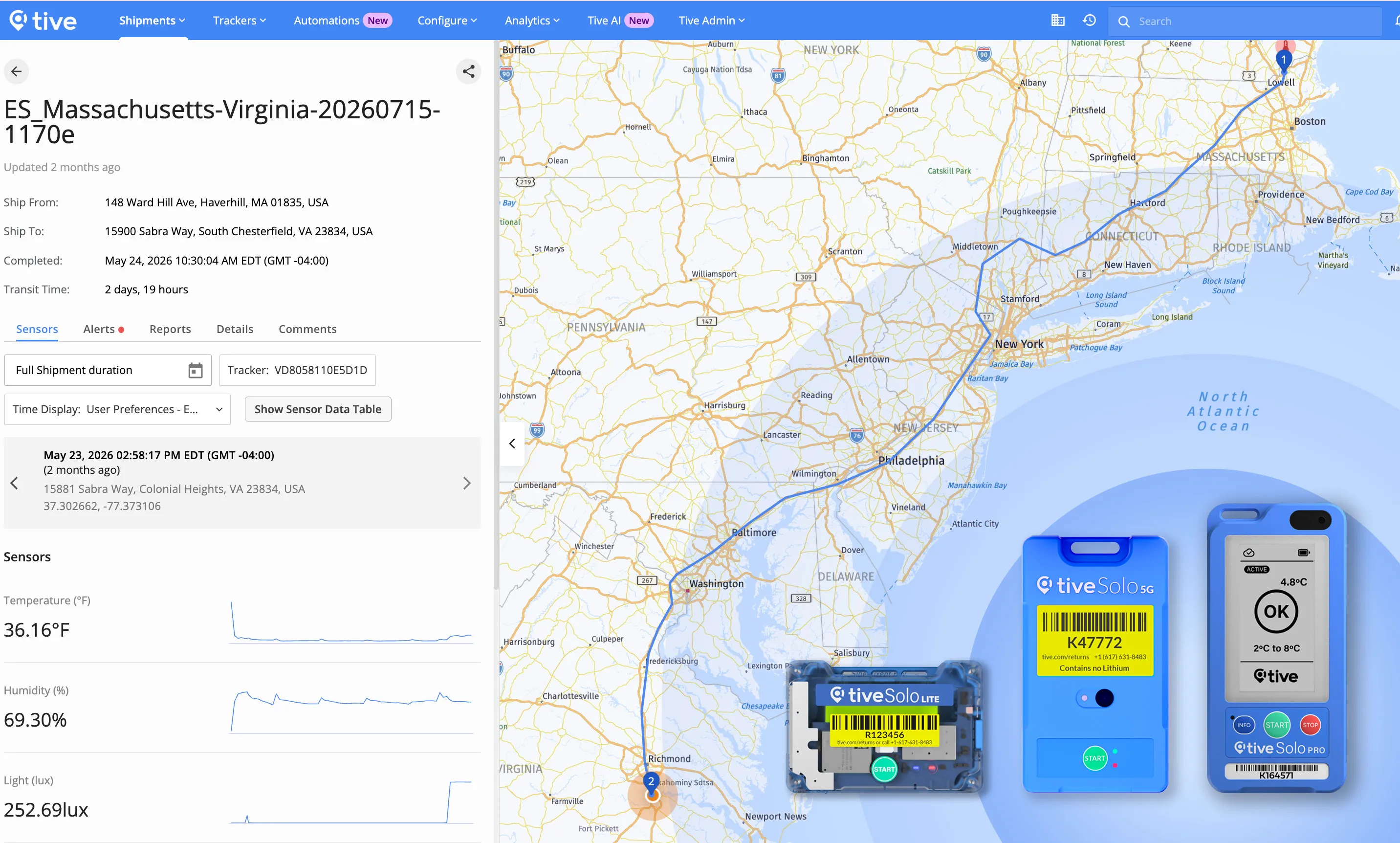 Shipment tracking dashboard showing route map, temperature alert, comments, and three Tive Solo temperature sensors.