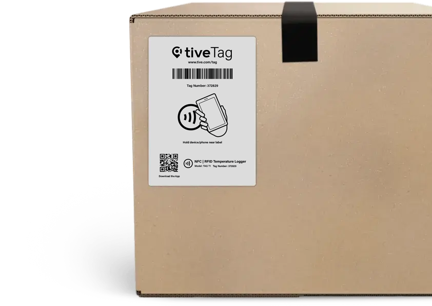 Cardboard box with a tiveTag label showing instructions to hold phone near tag for NFC temperature logging.
