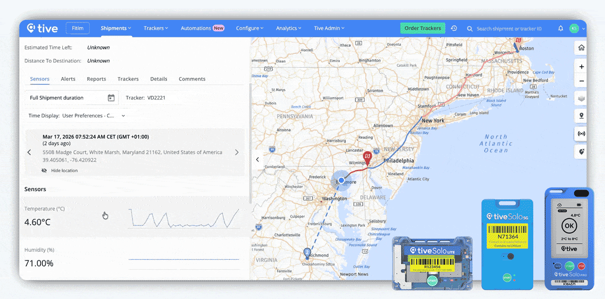 Shipment creation screen with a US map showing a shipment route and a blue Tive Solo 5G tracking device.